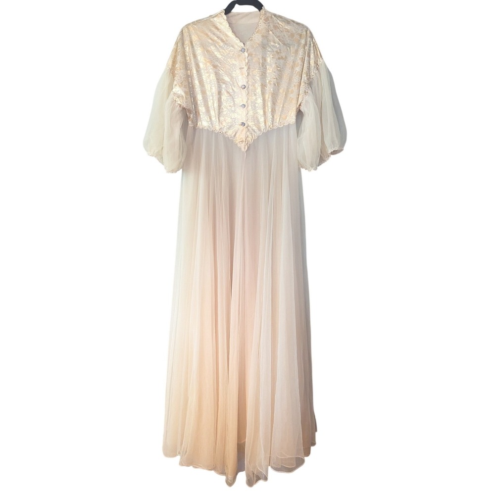 Vintage Gold Lace Maxi Sheer Puff Dress Ethereal Goddess Angel Bridal Peignoir